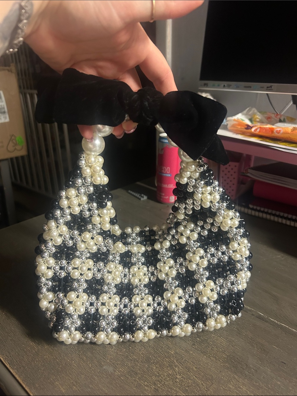 Beaded Pearl Accent Black & White Handbag with Velvet Bow